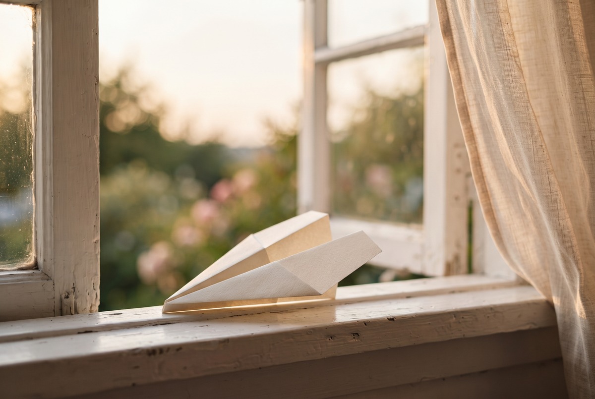 A cream paper airplane resting on an open window ledge in warm evening light, ready to be sent, like the one brave seed sent each day.