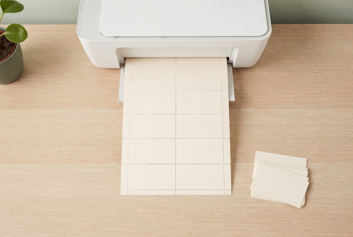 A perforated letter size sheet of ten blank cards feeding out of a small home printer on a light wood desk.