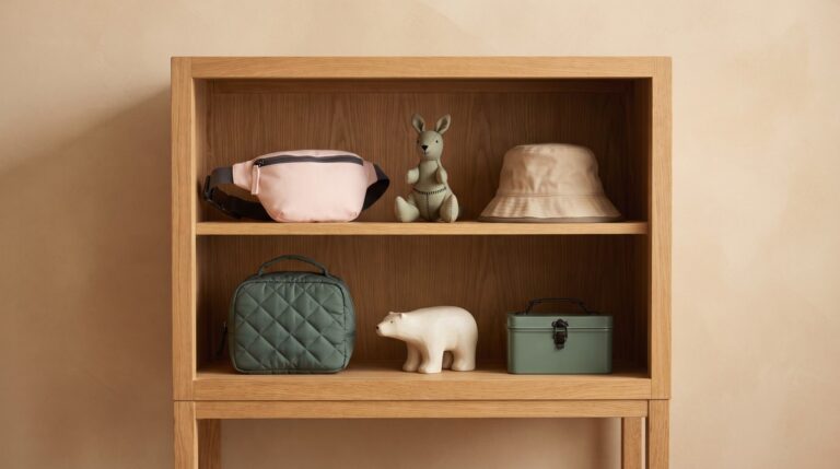 An open wooden cabinet holding an unlikely mix of unchosen prizes including a pastel fanny pack, a plush kangaroo, a bucket hat, and a small insulated bag, showing the strange variety of sweepstakes prizes.