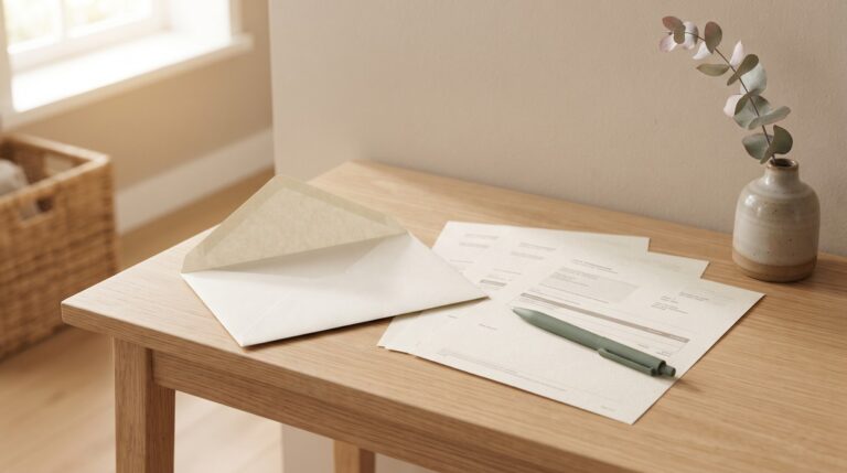 An opened cream envelope with official prize claim forms fanned out on a light wood entry table, showing how a real sweepstakes win arrives by mail.