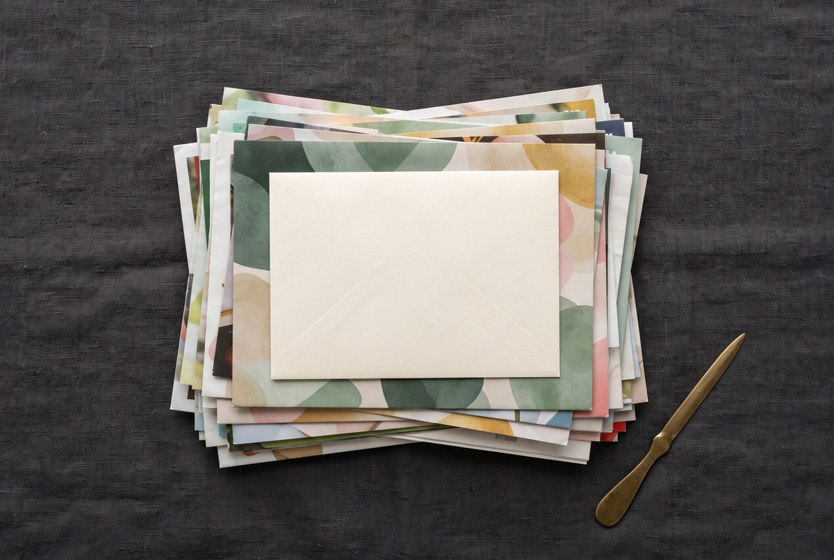 A plain cream envelope lying on top of a stack of bright glossy junk mail flyers, showing how a real sweepstakes win can look less flashy than spam.