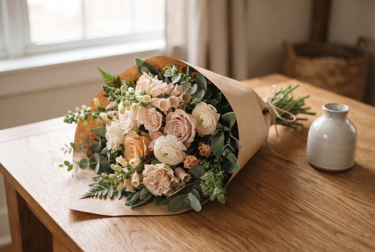 A fresh bouquet still in its kraft paper wrap lying on a wooden table in morning light, received and allowed to be yours.