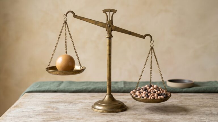 An antique brass balance scale on a wood table, one pan holding a single large wooden sphere and sitting high, the other holding a heap of many small beads and sitting low.