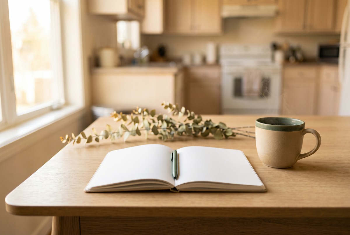 An open blank notebook with a pen and a mug of tea on a sunlit kitchen table, set up to work out one month of side hustle profit.