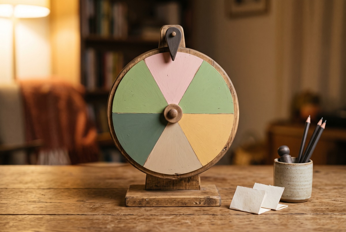 A small tabletop prize wheel with plain pastel segments, like the wheel spins on a tiny live show where a few viewers win prizes.