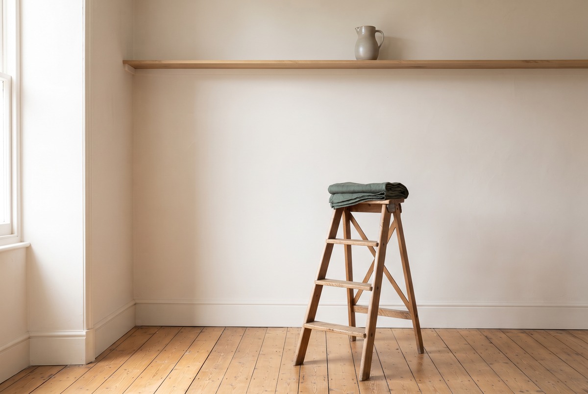A wooden stepladder standing below a high shelf holding a single pitcher just out of reach, an image of the moment you need to ask for help.