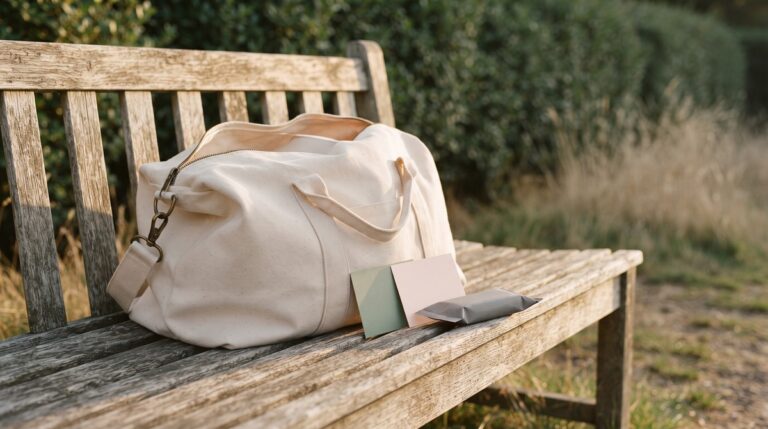 A plain canvas duffle bag, two small gift cards and a single wrapped ice cream bar on a weathered wooden garden bench, the full haul from ten months of sweepstakes entries.