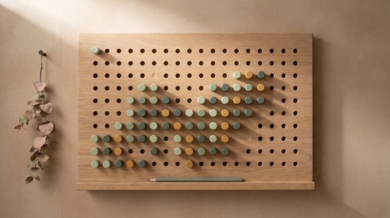 A wooden peg board on a warm plaster wall with green and gold pegs set at different heights, forming a rising and falling pattern like a month of daily energy check-ins.