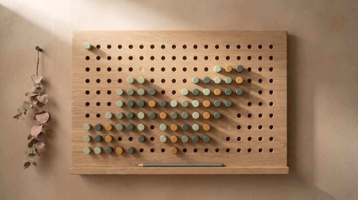 A wooden peg board on a warm plaster wall with green and gold pegs set at different heights, forming a rising and falling pattern like a month of daily energy check-ins.