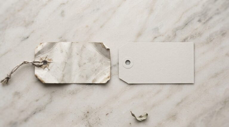Two paper luggage tags side by side on marble, one travel-worn with frayed twine still knotted through it and one blank and never used.