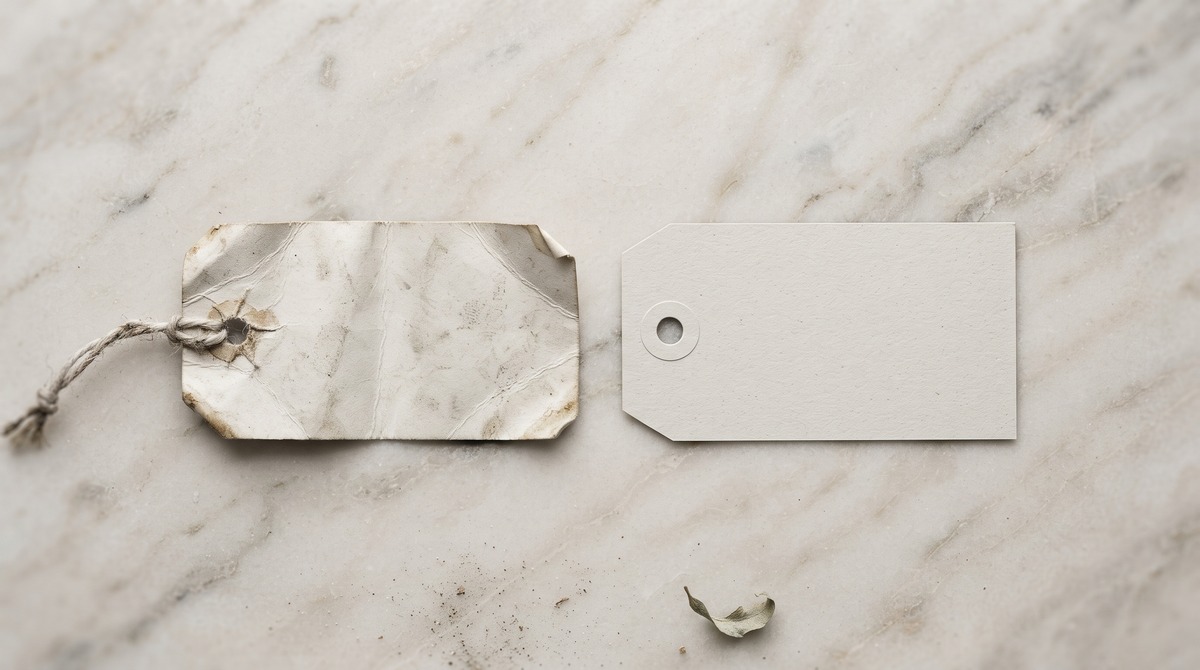 Two paper luggage tags side by side on marble, one travel-worn with frayed twine still knotted through it and one blank and never used.