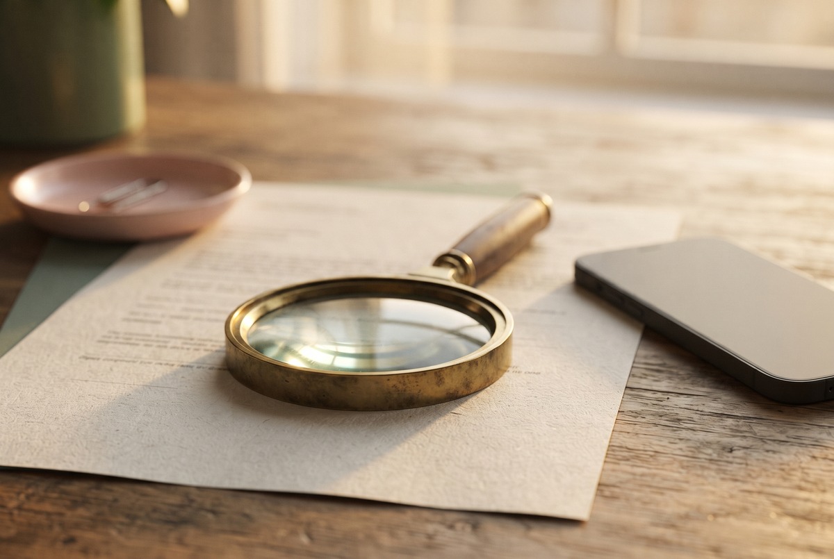 A magnifying glass resting on official claim paperwork beside a smartphone, illustrating the checks that verify a sweepstakes win is real.
