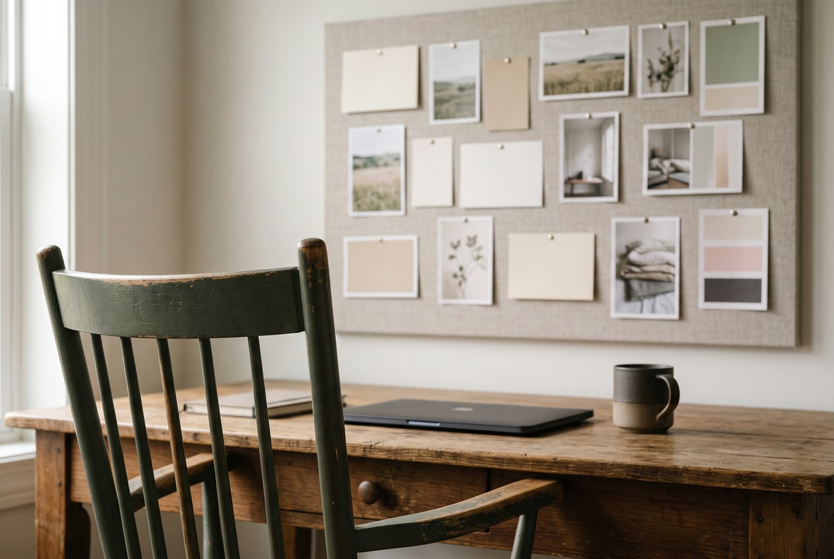 A linen pin board covered in blank cards and landscape photos hanging on the wall behind an empty desk chair, out of the sightline of anyone sitting at the desk