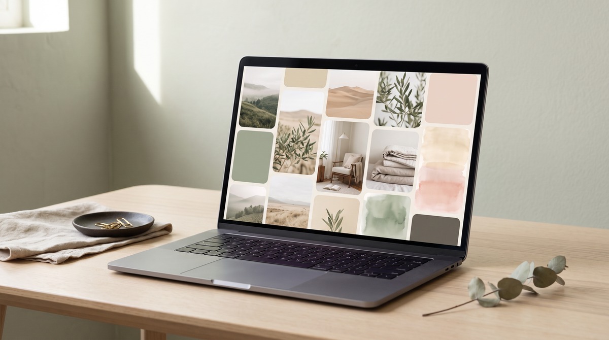 An open laptop on a light wood desk showing a vision board wallpaper of soft sage and blush photo tiles, with a linen cloth and dried eucalyptus beside it in morning light
