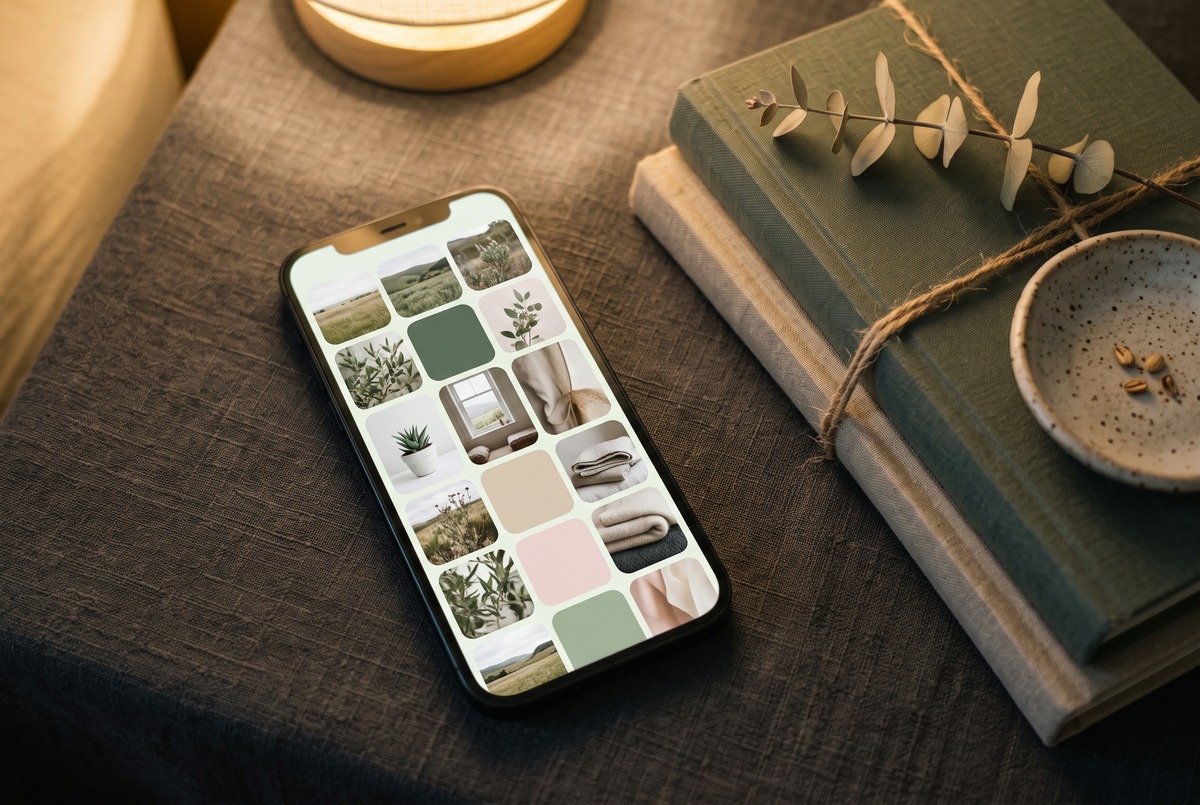 A phone lying face up on a charcoal linen bedside table, its lock screen showing a vision board wallpaper of plants, landscapes and soft color tiles under warm lamplight