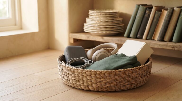 A woven basket on a wood floor holding small quick-selling items like headphones, a speaker and a folded top, with a stack of china plates and hardback books sitting untouched on a shelf behind it.