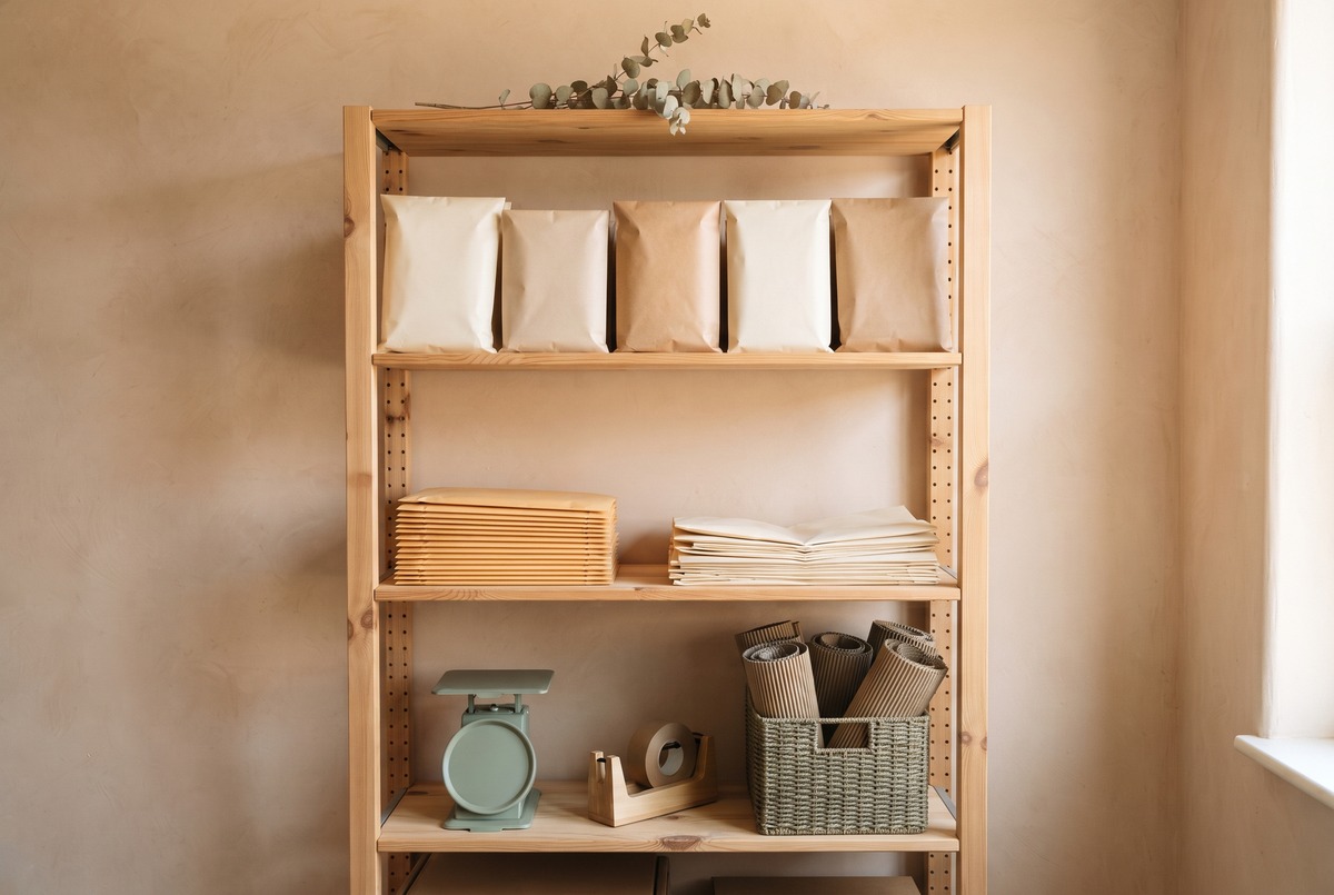 A tall wooden shelving unit set up as a home shipping station, with sealed parcels ready to go, stacks of mailers, a postal scale and packing tape.