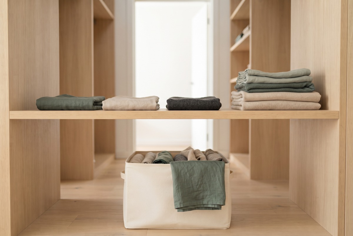 One closet shelf half cleared for reselling, with three folded items set aside and a cream storage bin filling up on the floor below.