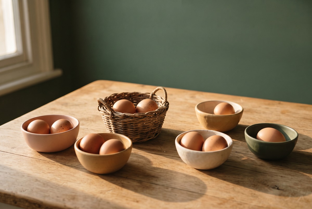A small woven basket holding two brown eggs on an oak table, surrounded by five ceramic bowls that each hold one or two more eggs.