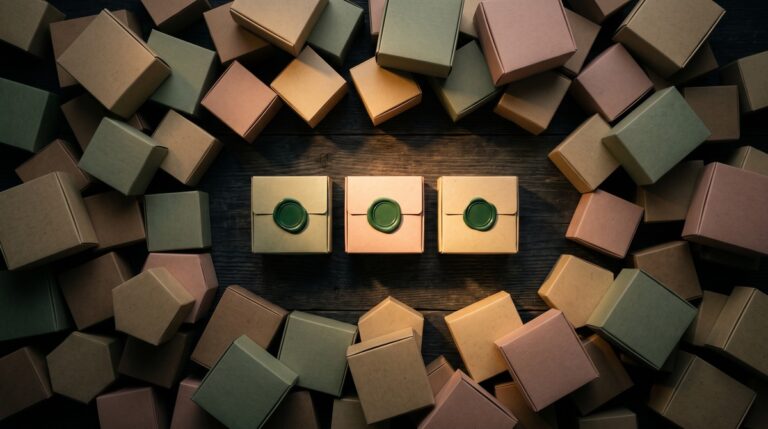 Overhead view of dozens of plain product boxes crowding a dark table, with three boxes pulled into a pool of golden light in the center, each sealed with a green wax seal.