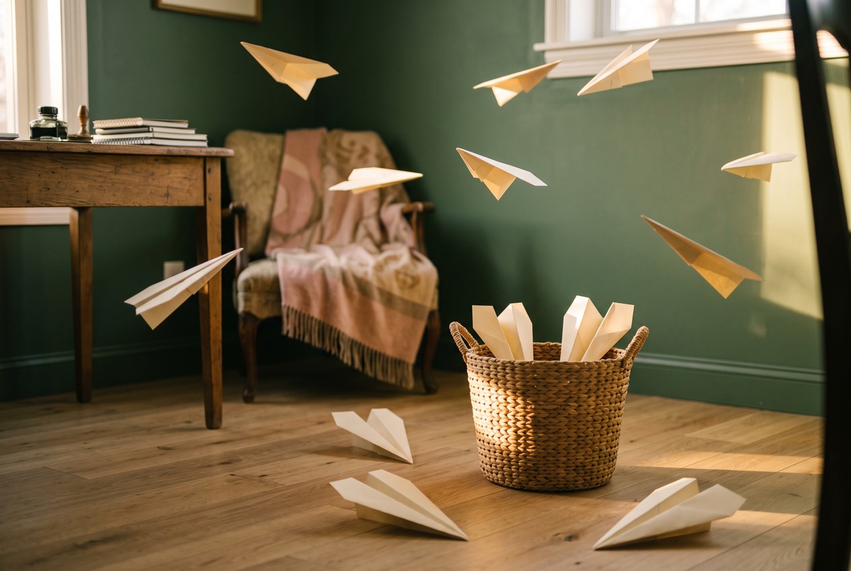 Paper airplanes flying across a sage green room, a few landing in a woven basket while others have fallen on the wood floor short of it.