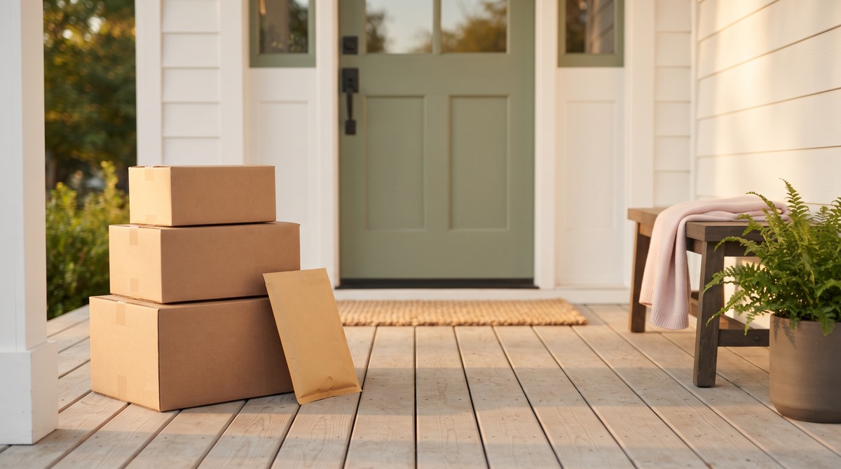 A stack of plain cardboard shipping boxes and a padded mailer on a front porch in golden hour light, the packages an Amazon influencer receives to review.