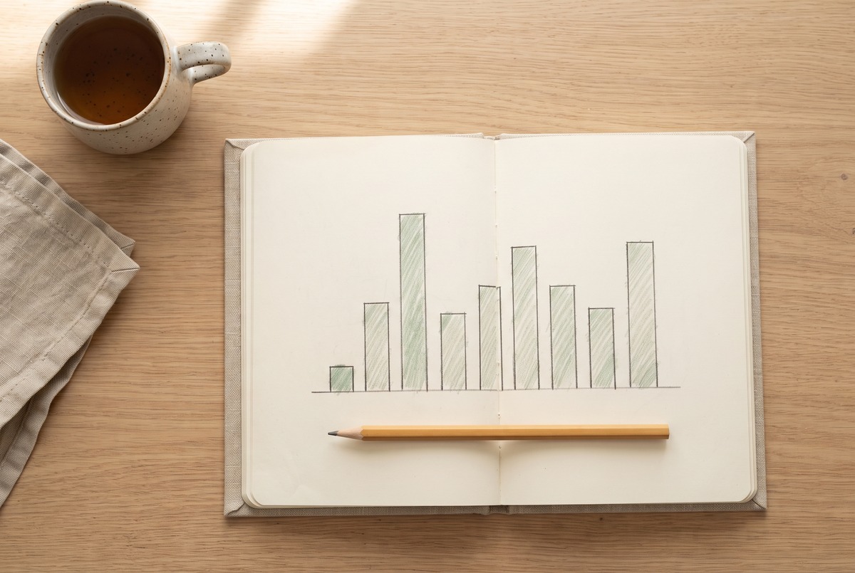 An open notebook with a hand-drawn bar chart of uneven bars beside a mug of tea, showing how Amazon influencer income rises and falls month to month.