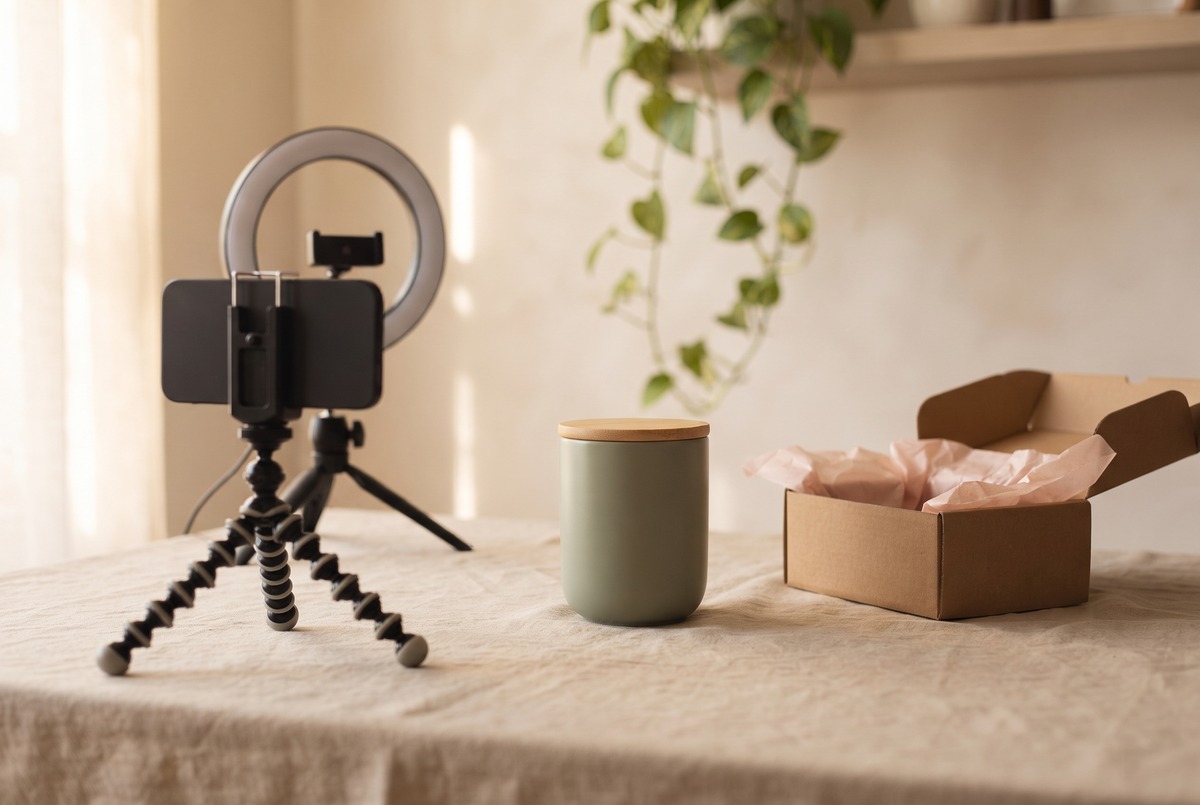 A smartphone on a small tripod with a ring light, set up to film a review video of a sage ceramic tumbler next to its open shipping box.