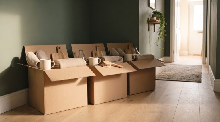 Three open cardboard boxes of Amazon influencer products lined up in a small hallway, one box for each filming step.