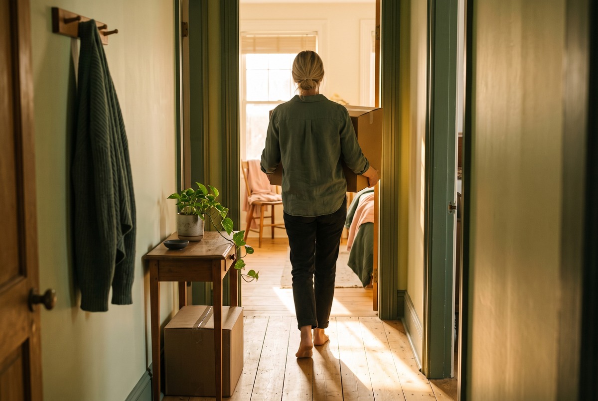 A woman seen from behind carrying a cardboard box down a narrow hallway in a small house toward a sunny room.