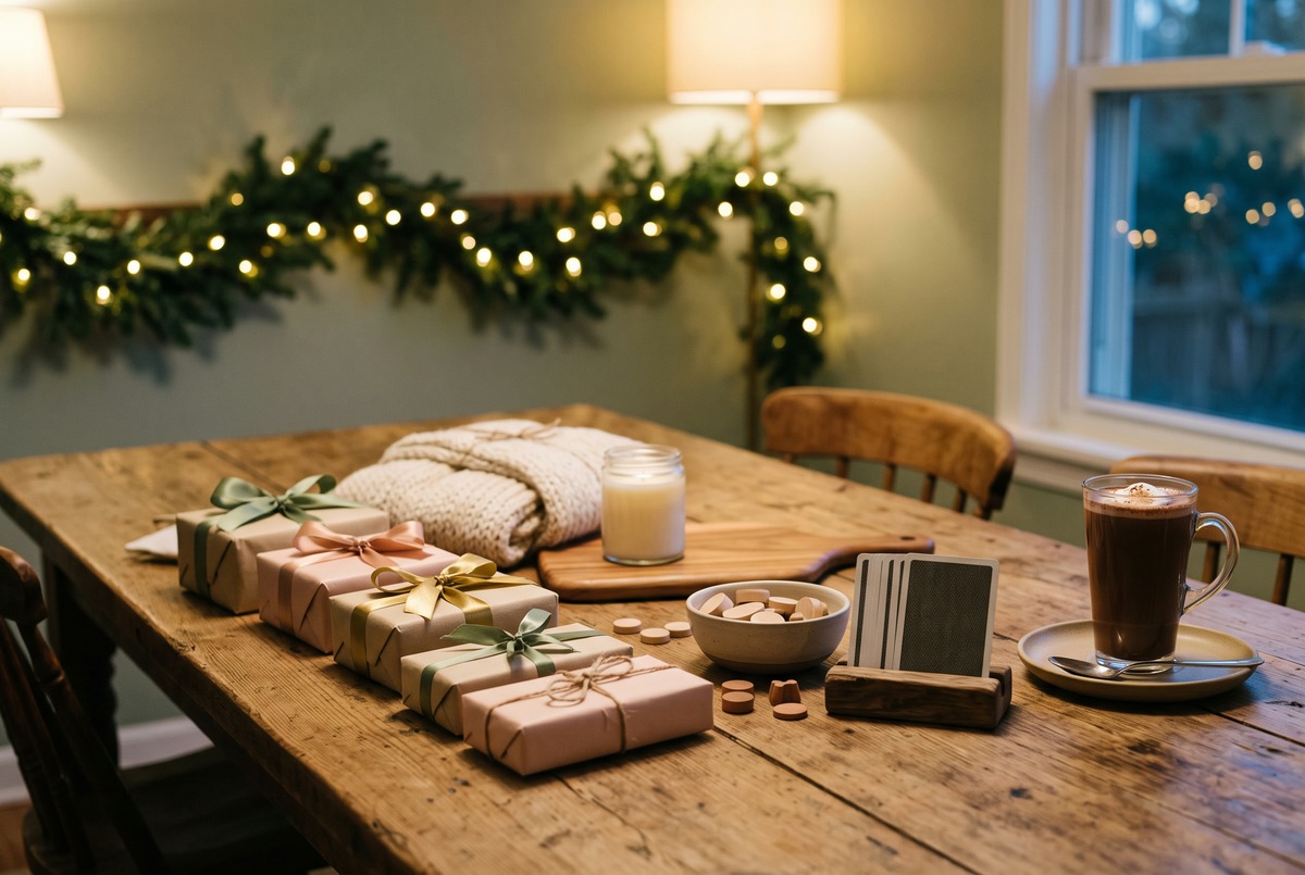 A Christmas game night table with small wrapped prizes, a knit scarf, a candle, cards and cocoa under string lights.