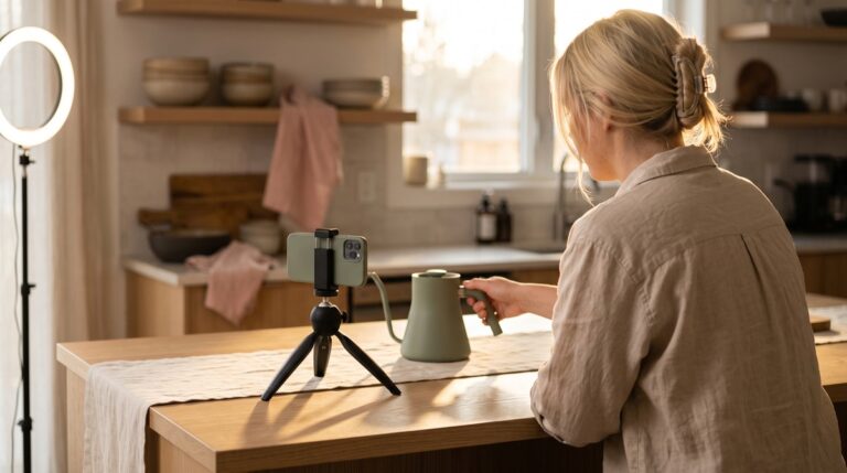 A blonde woman seen from behind films a sage kettle on a kitchen island with her phone on a small tripod beside a ring light, in golden afternoon light.
