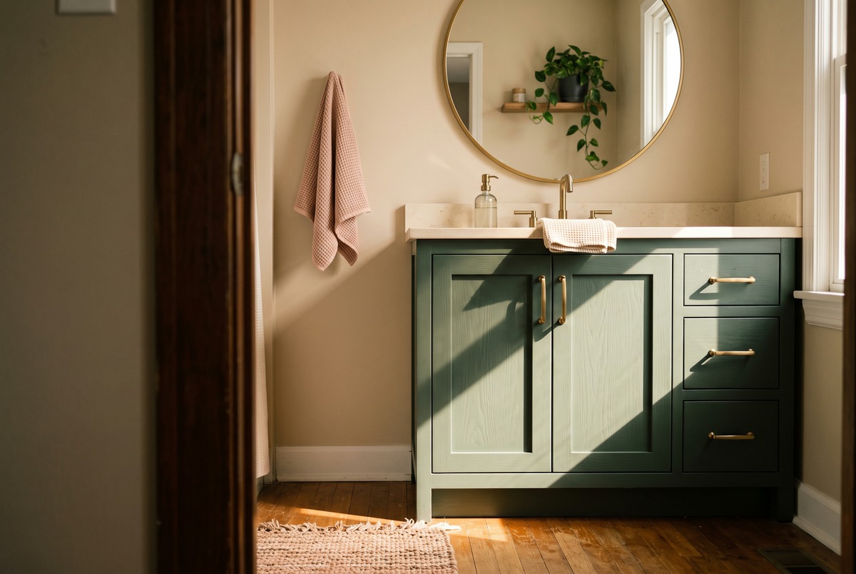 A newly installed sage wood bathroom vanity with a round brass-framed mirror in a warm bathroom lit by a slanted beam of late morning sun.