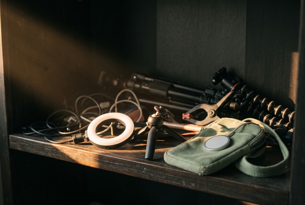 A shadowy shelf of unused tripods and phone clamps with a ring light, small tripod, and neck phone holder lit by a beam of evening sun.
