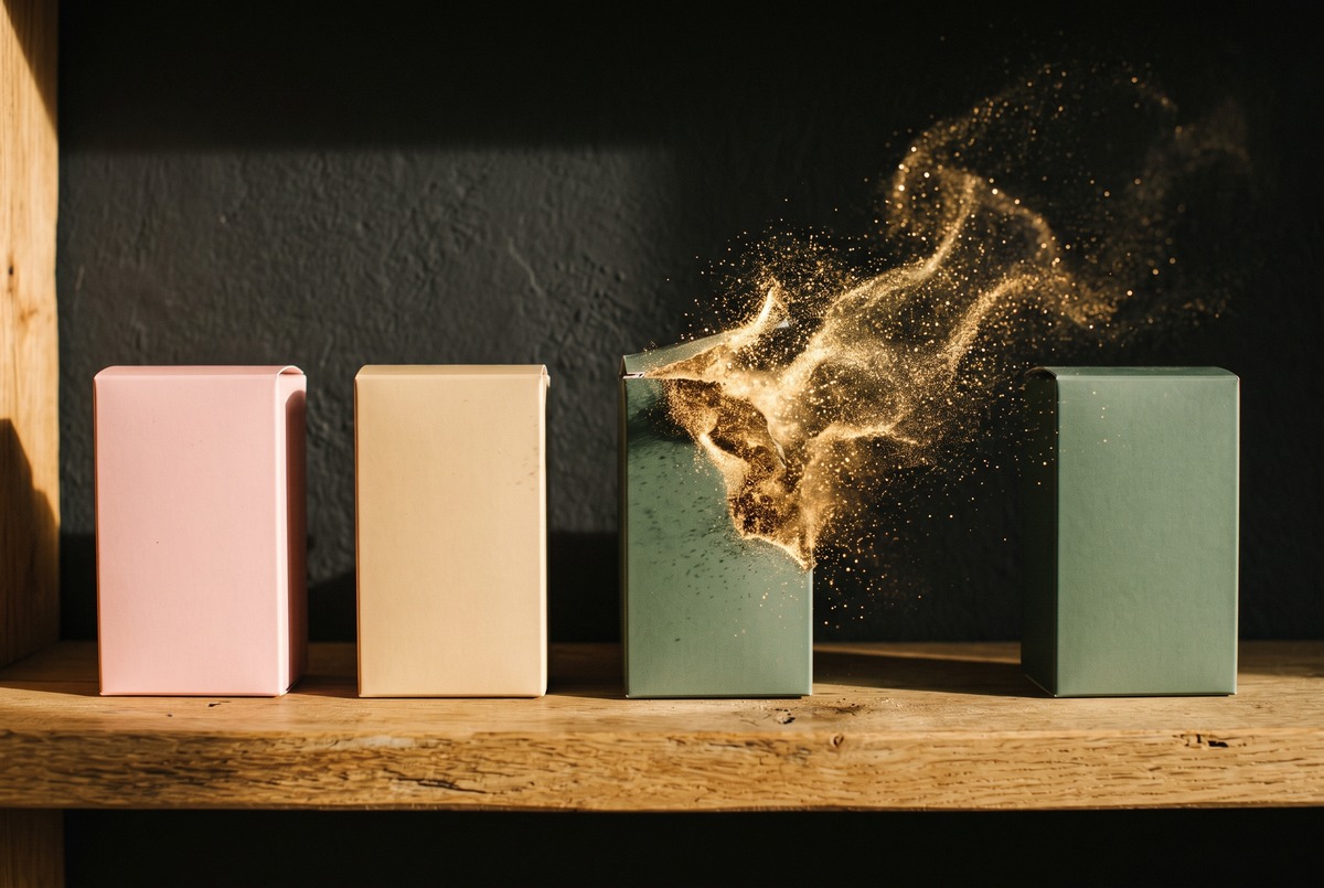 Four plain product boxes on a wooden shelf, with the third box dissolving into a cloud of golden dust while the others stay put.