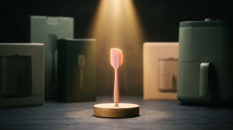 A small pink silicone scraper glowing under a single golden spotlight on a wooden pedestal, while bigger boxed appliances sit in the dark around it.