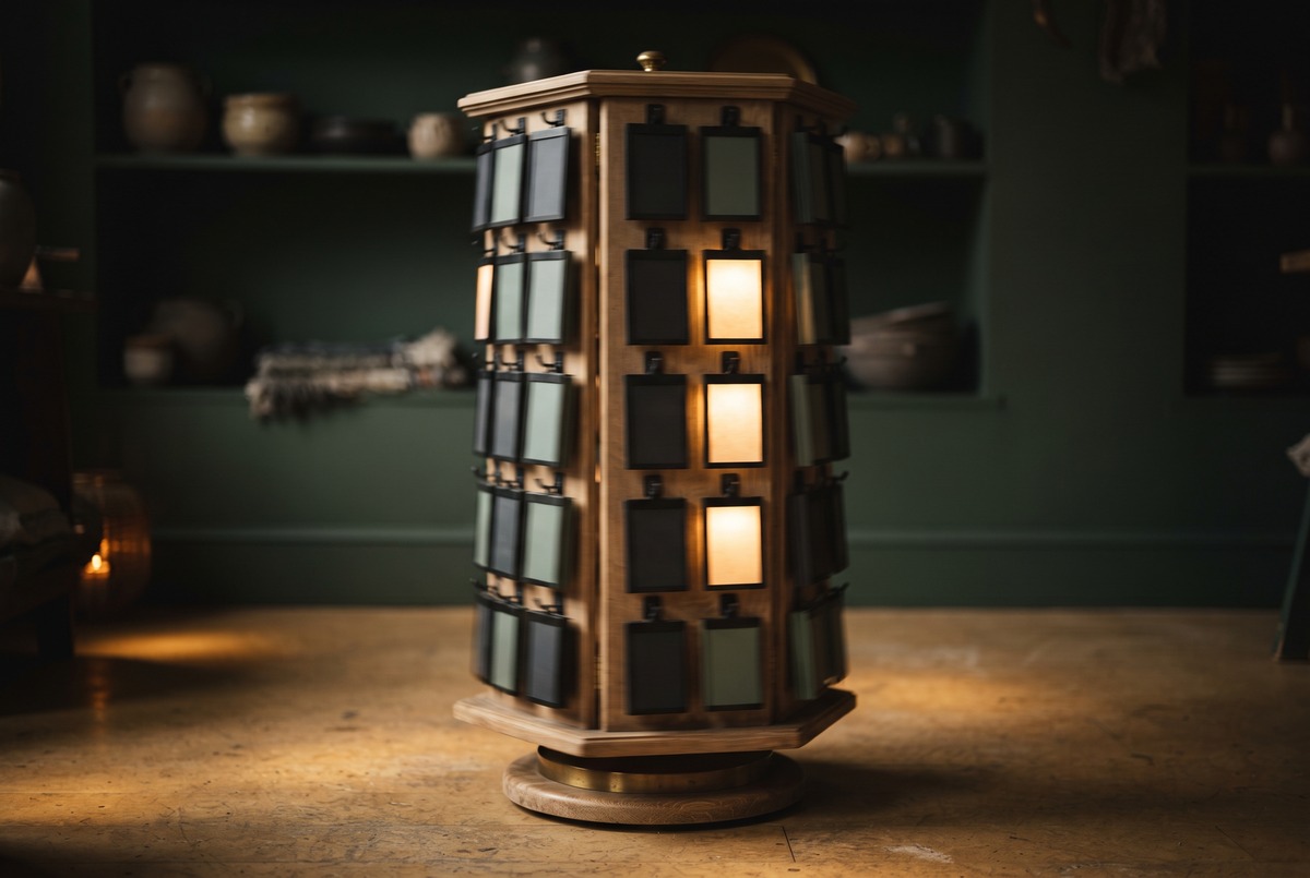 A spinning wooden display carousel covered in small blank tiles, with only a few lit up gold while the rest stay dark, like Amazon choosing which videos to show.