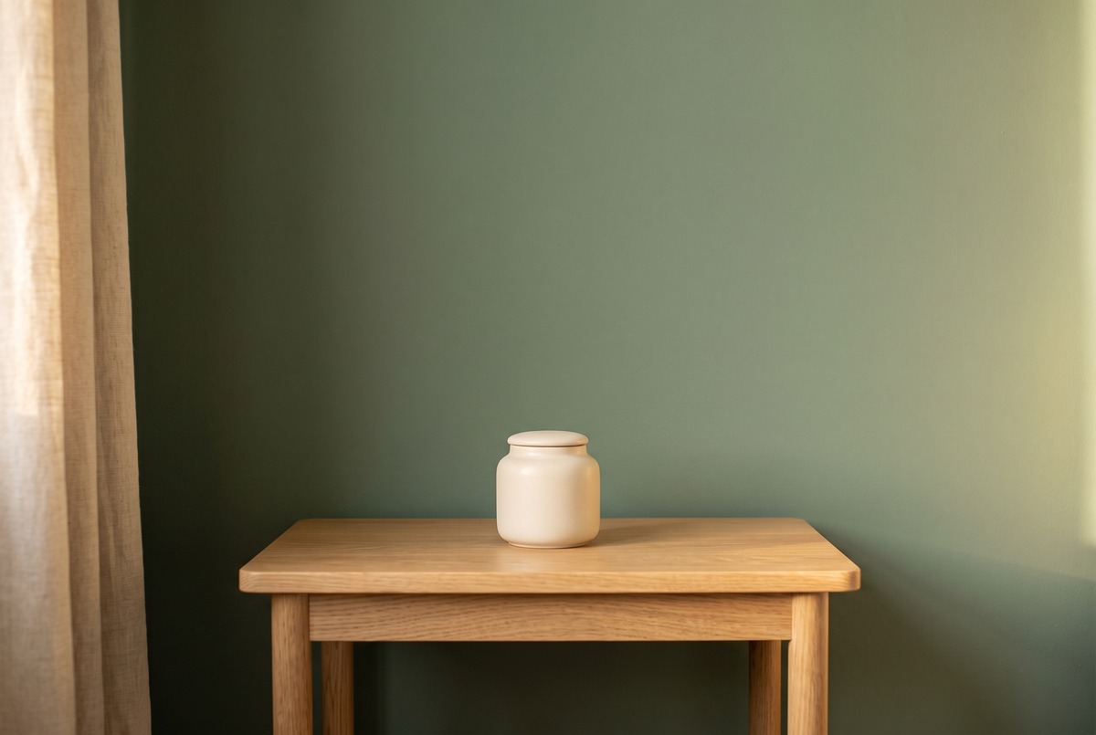 A bare light oak side table holding a single plain cream ceramic jar against an empty sage green wall, cleared of everything else