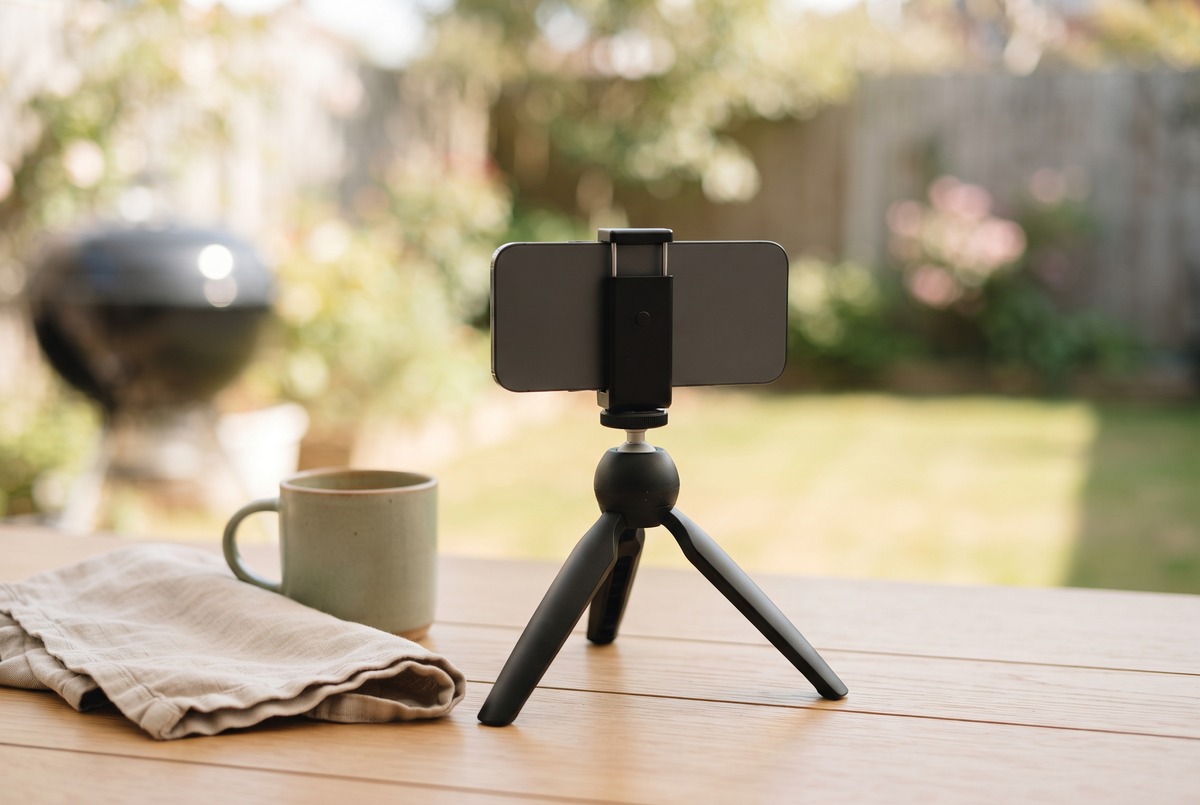 A smartphone clamped in a small black tabletop tripod on a wooden patio table, aimed out at a backyard with a barbecue grill blurred in the background