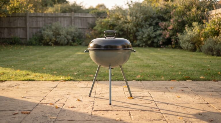 A plain charcoal kettle grill standing assembled on a flagstone patio in late golden light, with a mown lawn and weathered wood fence behind it