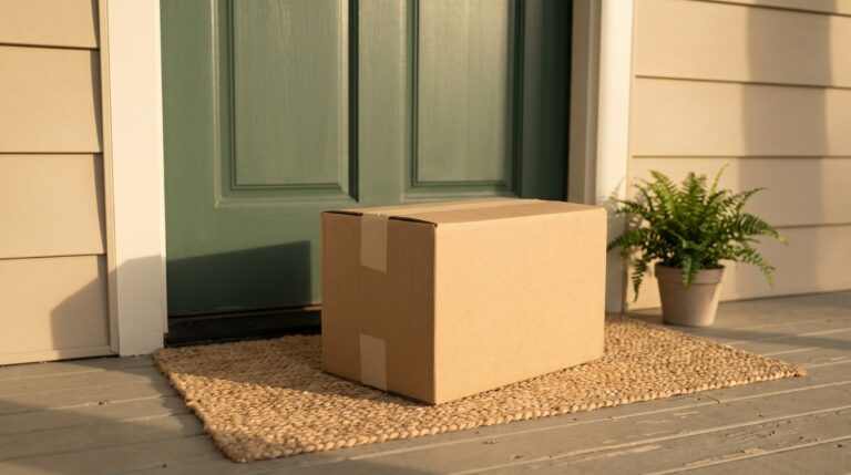 A plain taped cardboard box sitting on a woven jute doormat in front of a sage green front door, lit by low golden morning sun, with a potted fern beside the door.