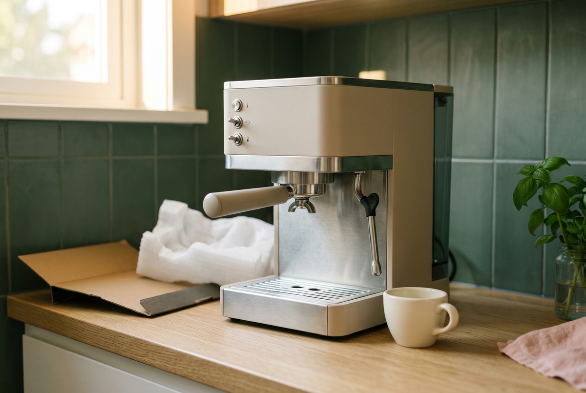 A newly unboxed espresso machine on a light oak kitchen counter with packing foam and an open cardboard flap beside it, a cream espresso cup on the drip tray and a sage green tiled wall behind.