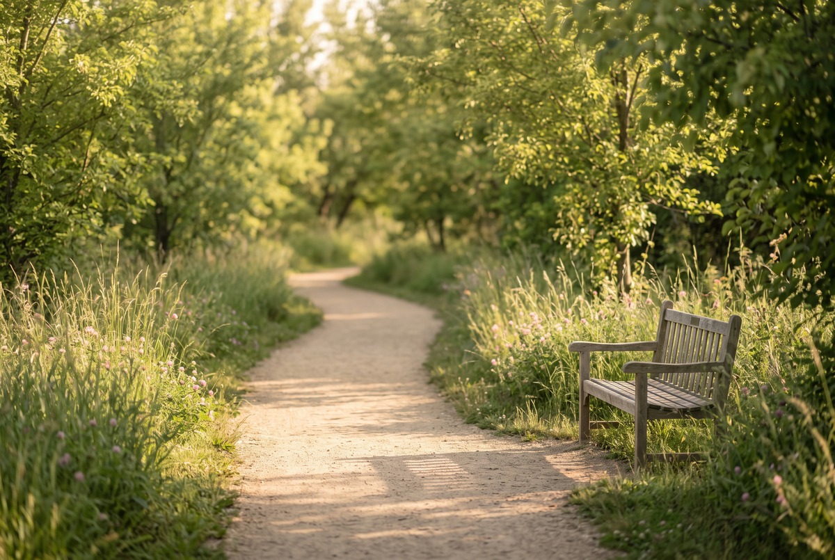 A quiet dirt walking path curving through green trees and tall grass with pink clover, with an empty wooden bench beside it in late afternoon light.