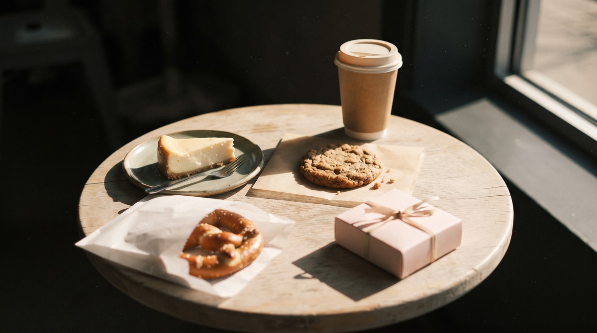 A small cafe table in hard morning sun holding a birthday haul of free treats: a plain paper coffee cup, a cookie, a slice of cheesecake, a soft pretzel and a small pink gift box.
