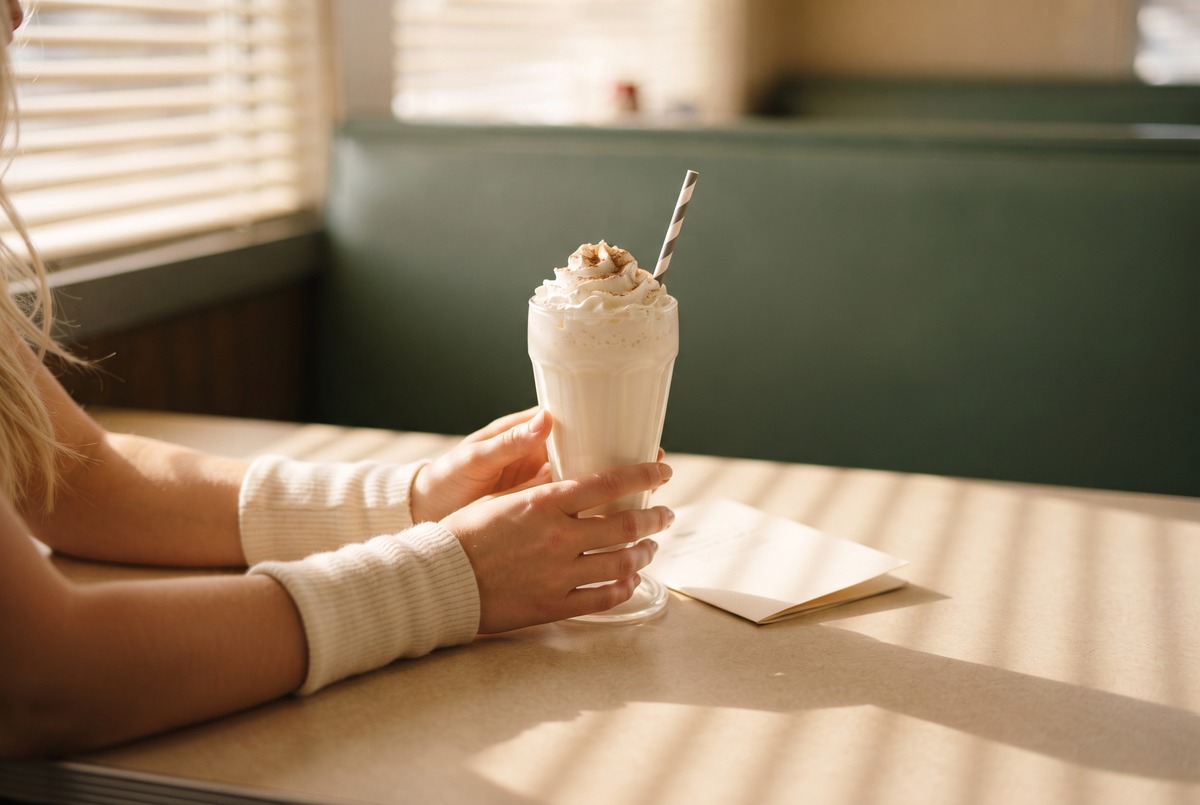 A woman's hands wrapped around a free birthday milkshake at a diner booth, striped morning light through the blinds, a folded card face down beside the glass.