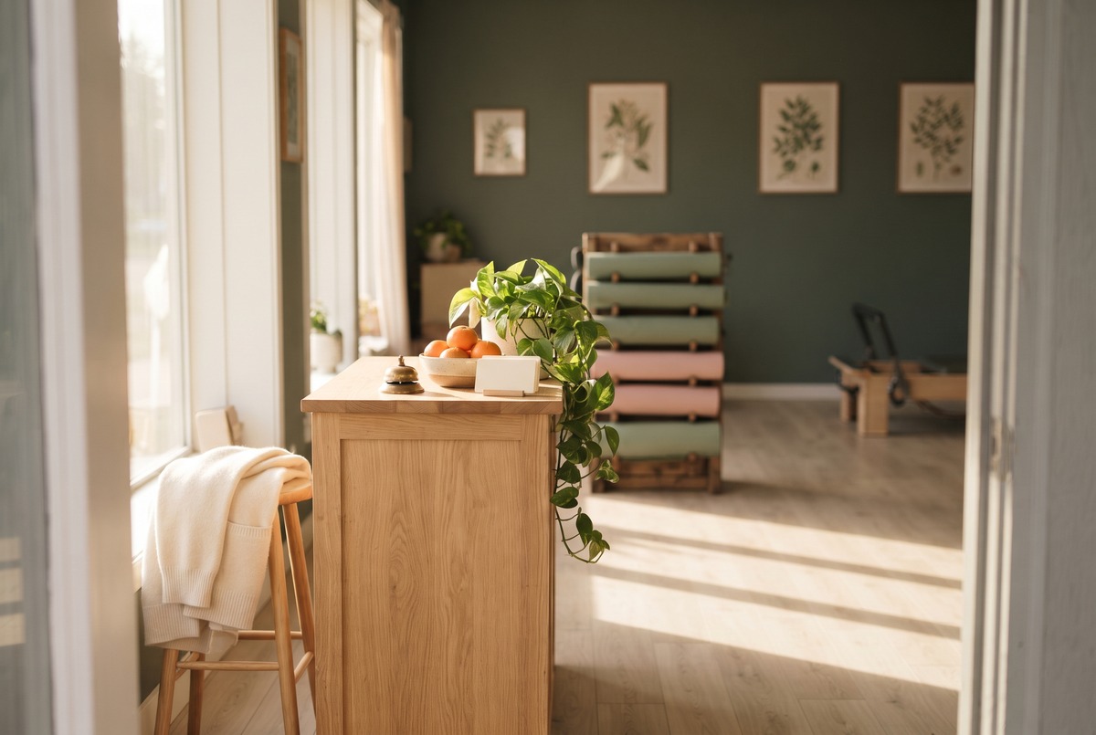 The front desk of a small pilates studio in morning light, with a brass bell, a bowl of clementines and blank cards on the counter and rolled mats in a rack behind it.