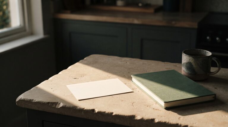 A single freshly printed blank card on a kitchen counter beside a small printer and a closed laptop, one shaft of afternoon sun on the card and the rest in shadow, a thing just finished with nobody there yet to see it.