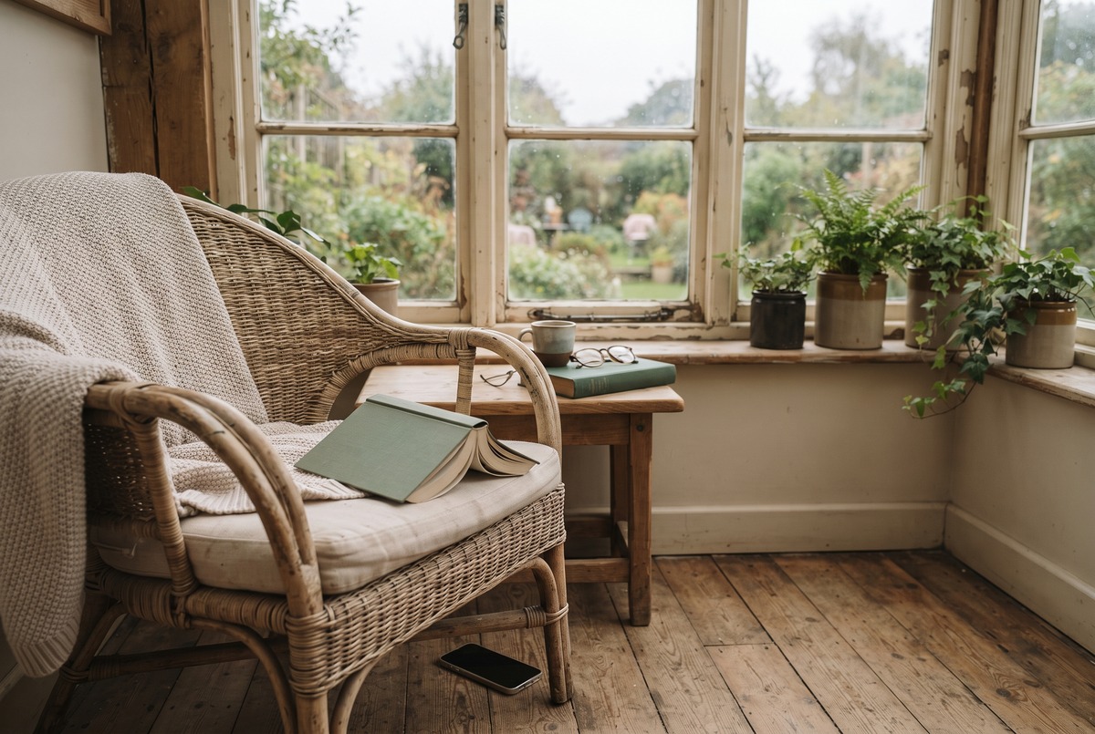 A sunroom with a wicker chair, a knit throw, a book lying open face-down on the cushion, tea and reading glasses on a side table, and a phone face-down on the floor, rest chosen on purpose the day after finishing.