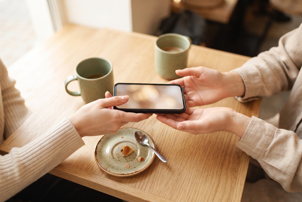 Two pairs of hands across a small cafe table, one sliding a phone toward the other, mugs beside them, showing a finished thing to one person who is the real audience.