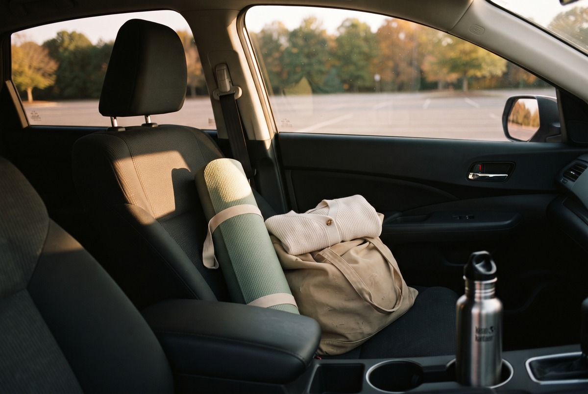 A rolled exercise mat, canvas tote and folded cardigan on a car passenger seat in golden light, with an empty parking lot outside the window.